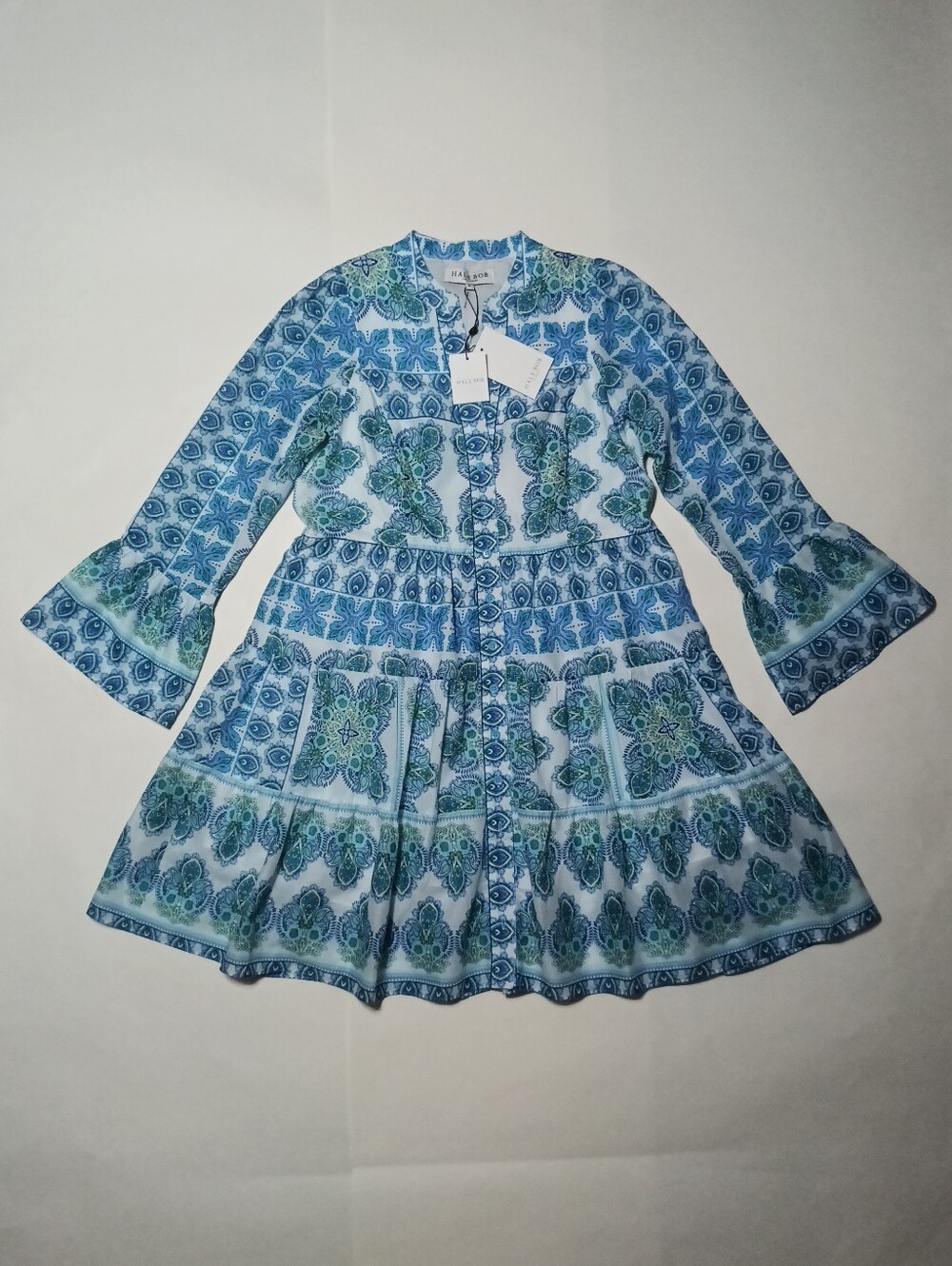 Hale Bob Leela Voile Mini Dress Blue Teal Paisley Tiered Flounce Sleeve Size S - Picture 3 of 14